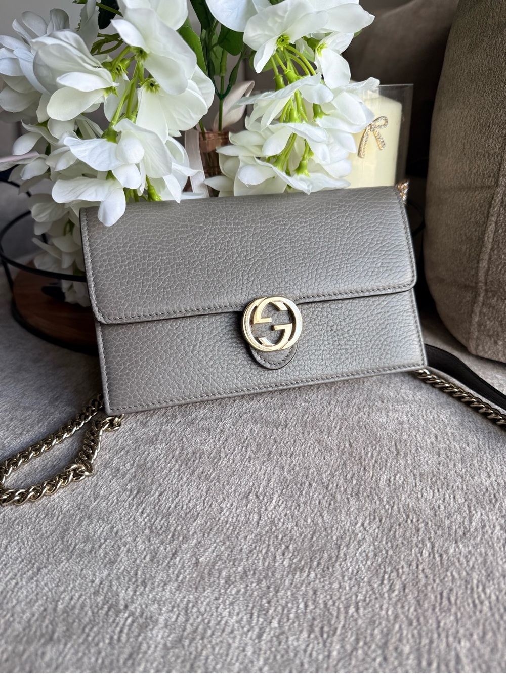 Gucci Grey Leather Chain Wallet - Interlocking GG Crossbody Authentic